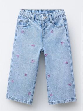 Zara Girls Light Blue Denim Jeans with Pink Bow Embroidery
